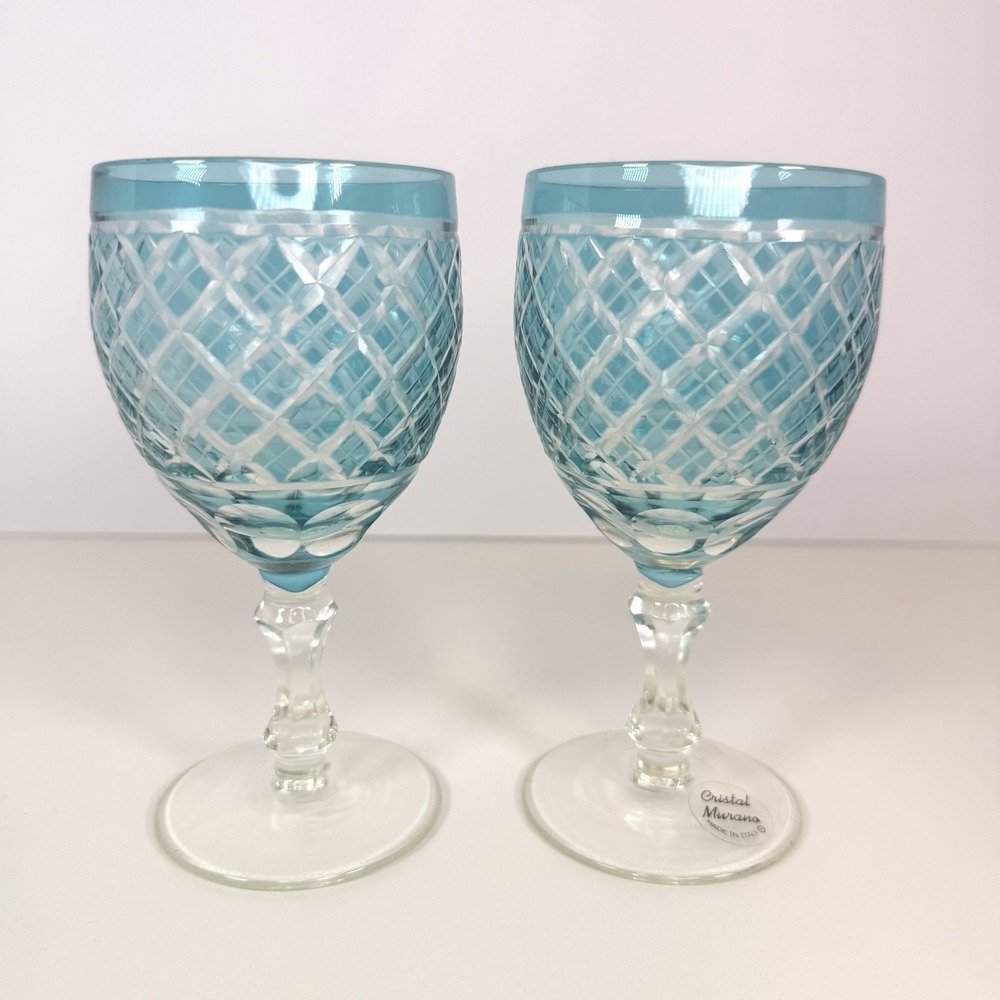Hand Cut Murano Glass Wine Glasses Aqua Blue Cut To‎ Clear Italian Crystal